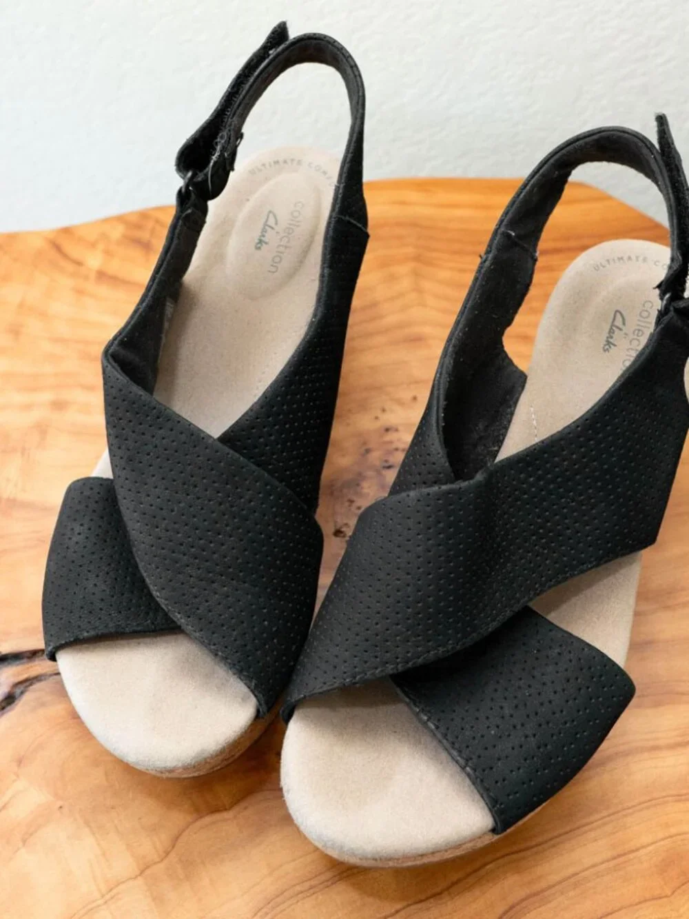 Clarks Annadel Parker Black Open Toe Cork Wedge Sandals Comfort Shoes Sz 9